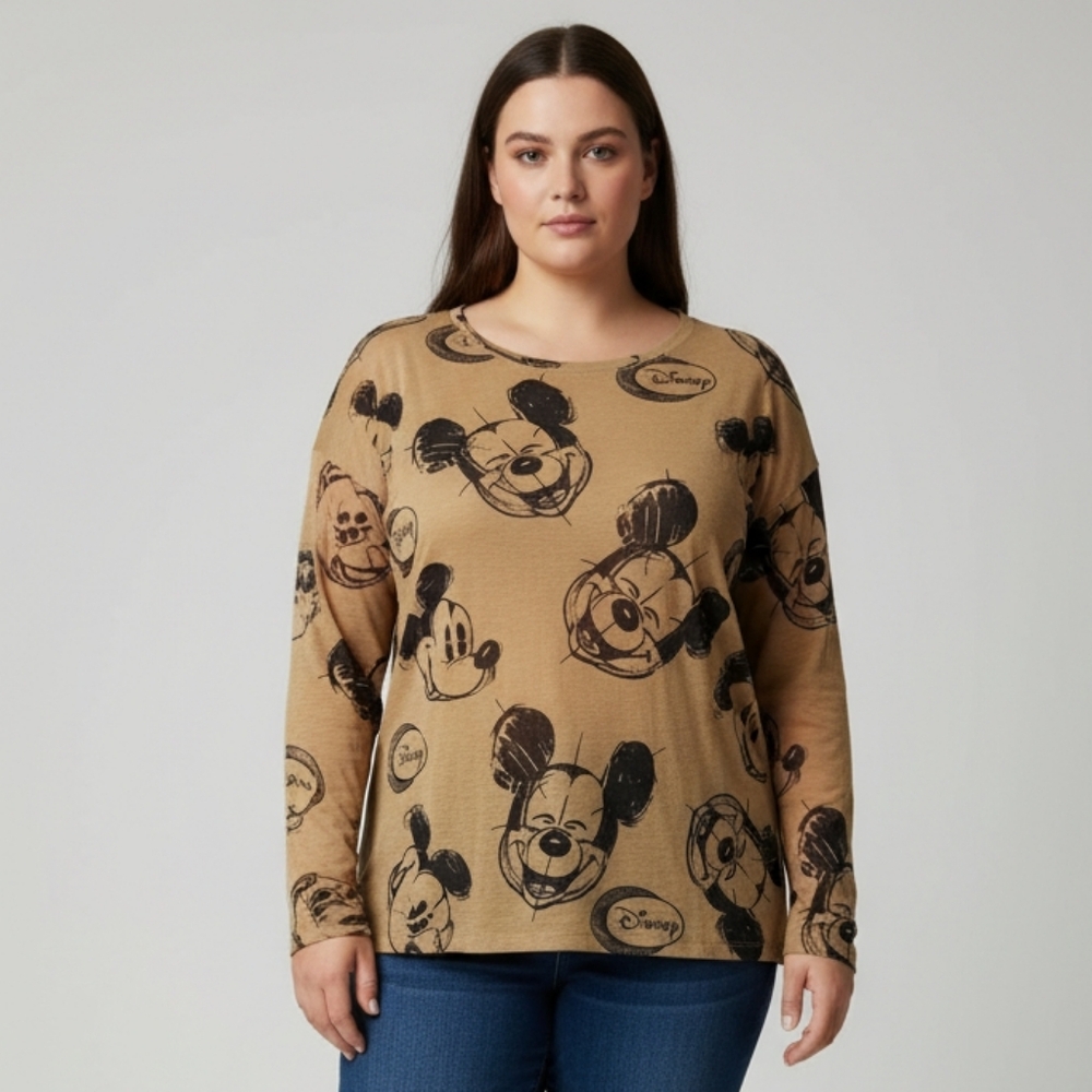 Feierhong Women's Tan Mickey Mouse Long Sleeve Graphic T-Shirt Size Large - Picture 1 of 10